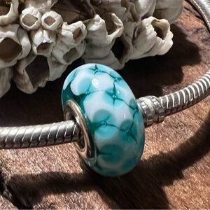 Authentic Pandora Murano Teal Lattice Charm Green Blue Inside White Aqua